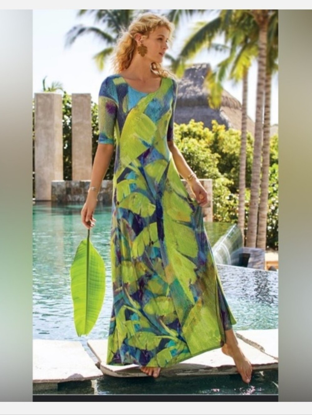 Soft Surroundings Saunterre Abstract Twist‎ Front Maxi Dress Green Petite Small
